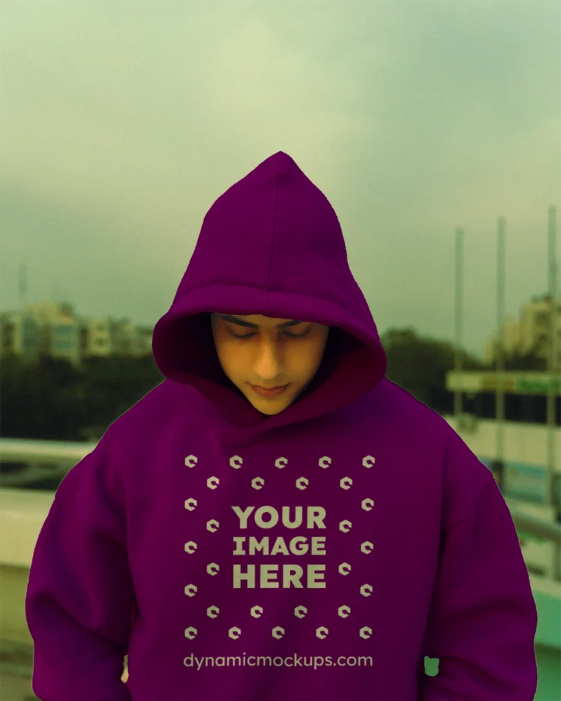 Man Wearing Purple Hoodie Mockup Front View Template