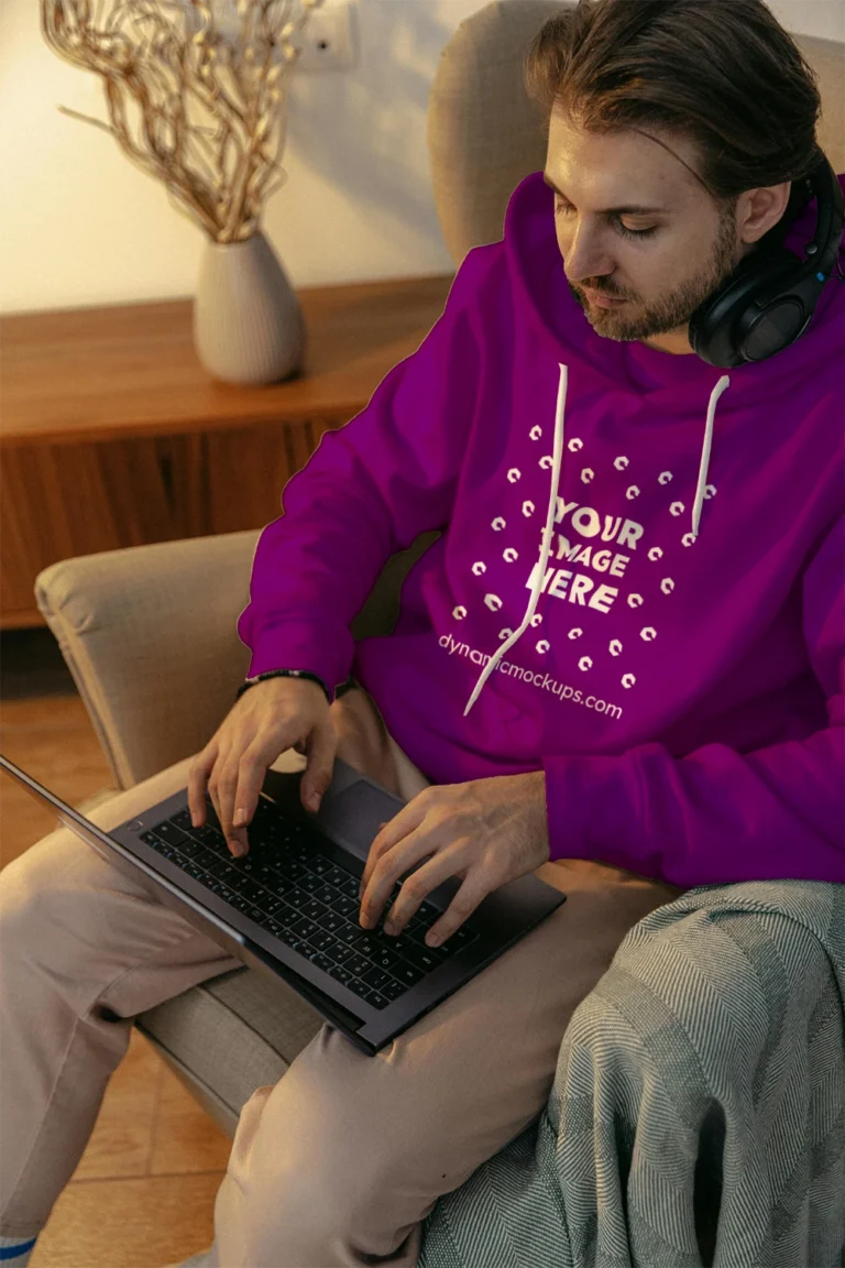 Man Wearing Purple Hoodie Mockup Front View Template