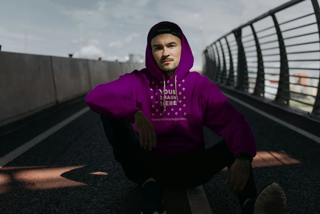 Man Wearing Purple Hoodie Mockup Front View Template