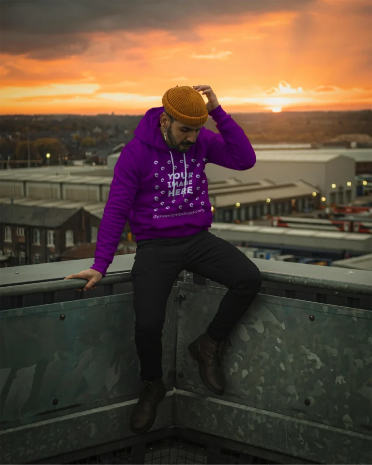 Man Wearing Purple Hoodie Mockup Front View Template