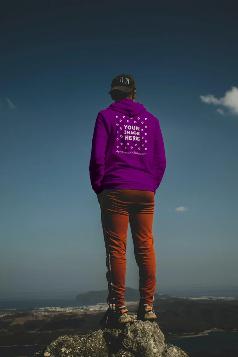 Man Wearing Purple Hoodie Mockup Back View Template