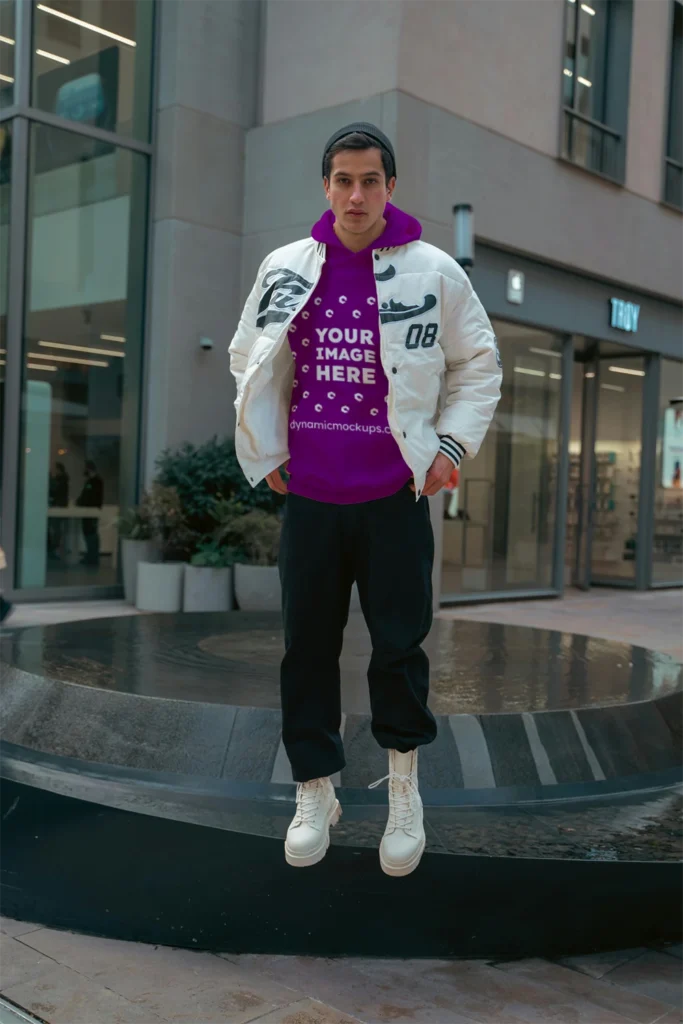 Man Wearing Purple Hoodie Mockup Front View Template