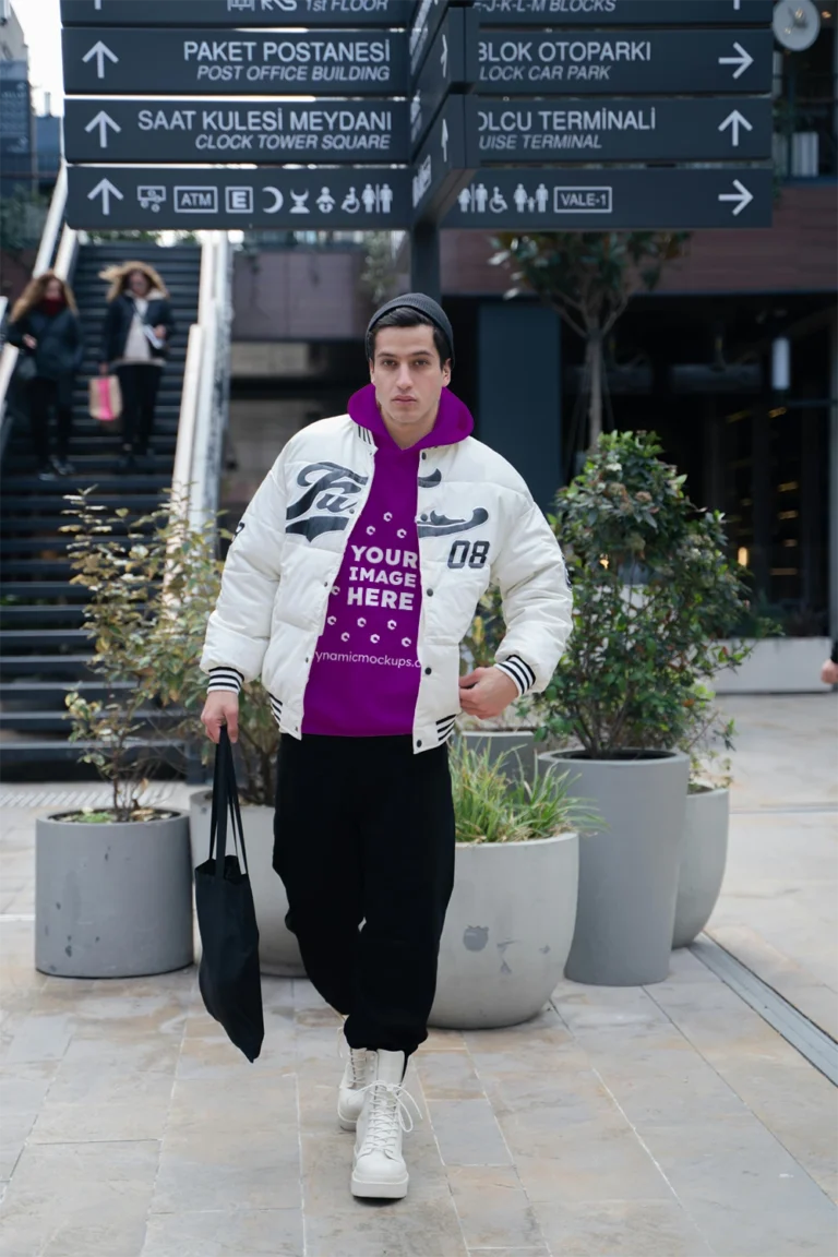 Man Wearing Purple Hoodie Mockup Front View Template