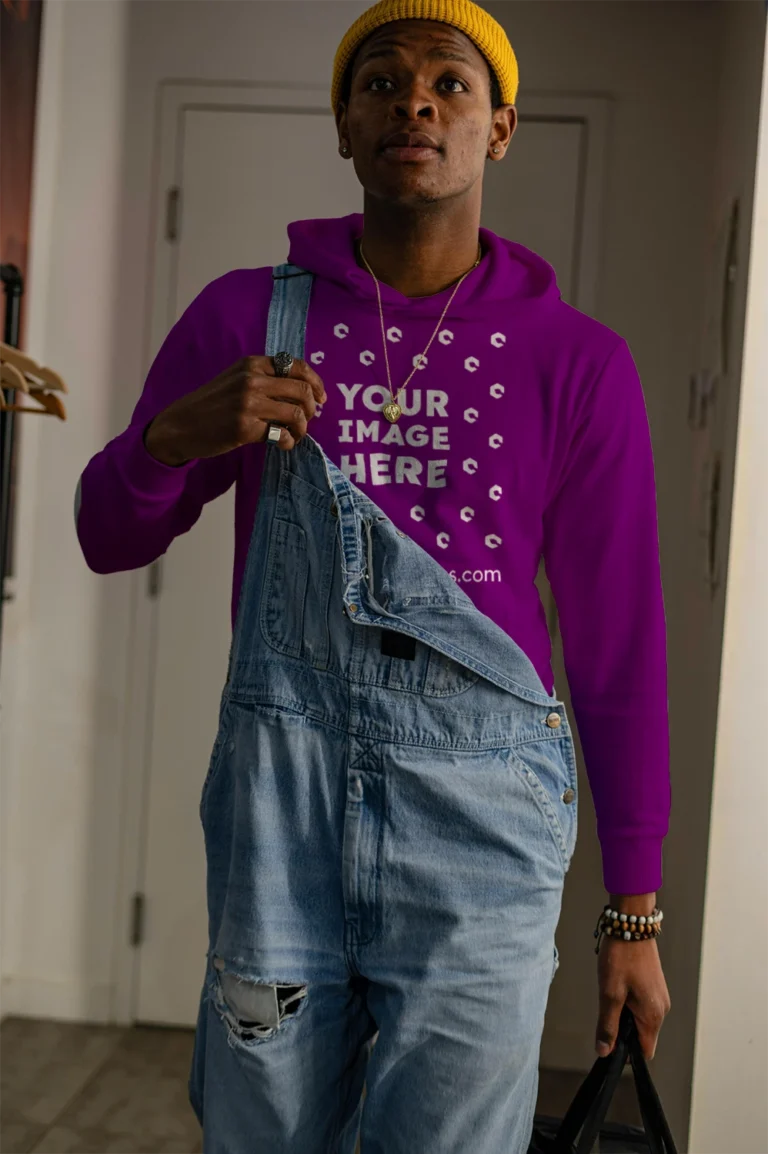 Man Wearing Purple Hoodie Mockup Front View Template