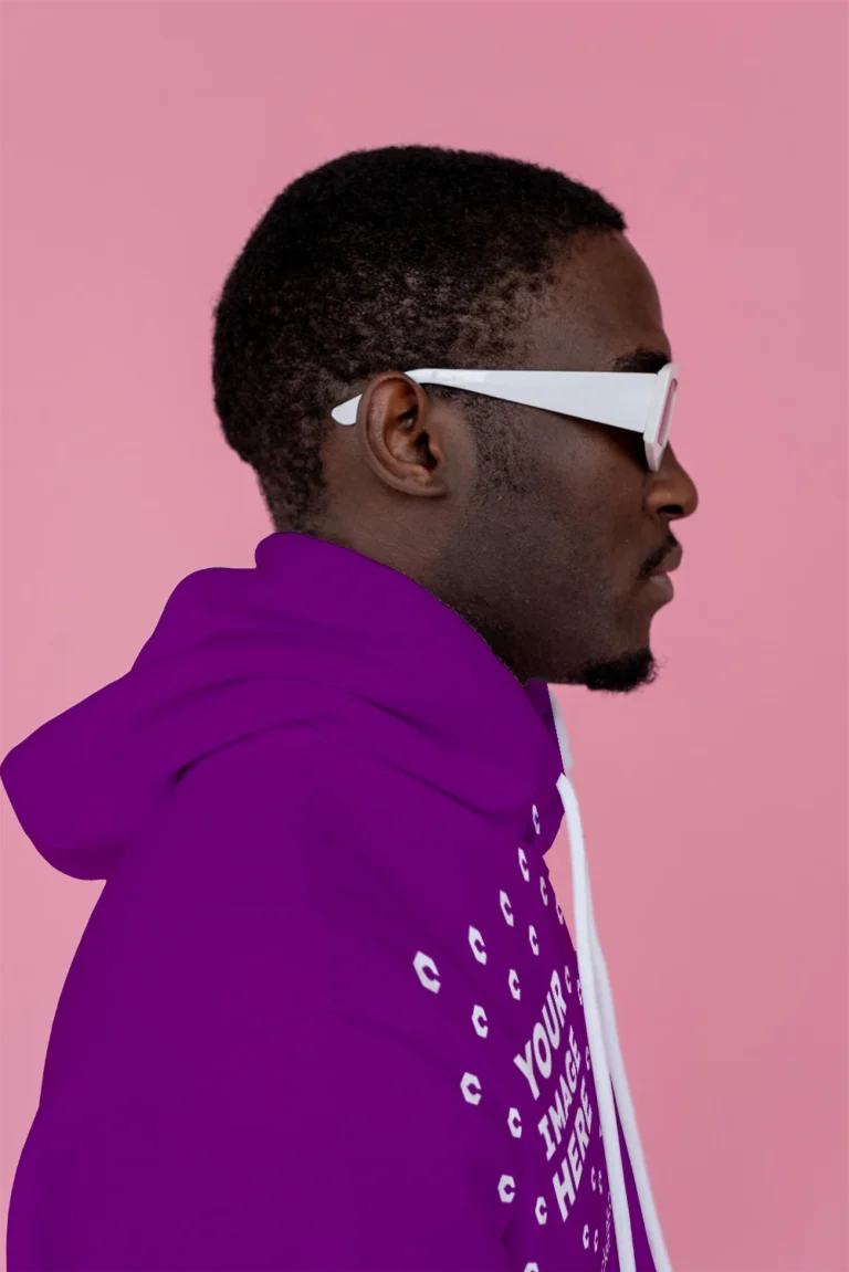 Man Wearing Purple Hoodie Mockup Side View Template