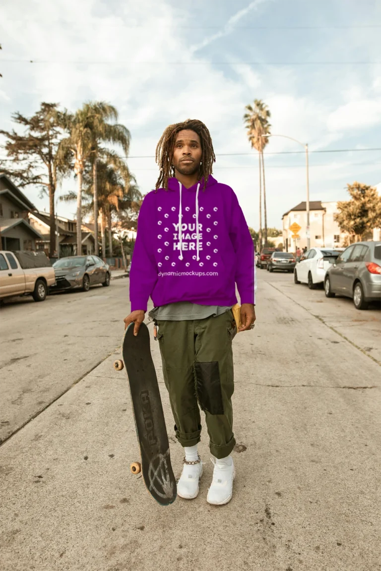 Man Wearing Purple Hoodie Mockup Front View Template