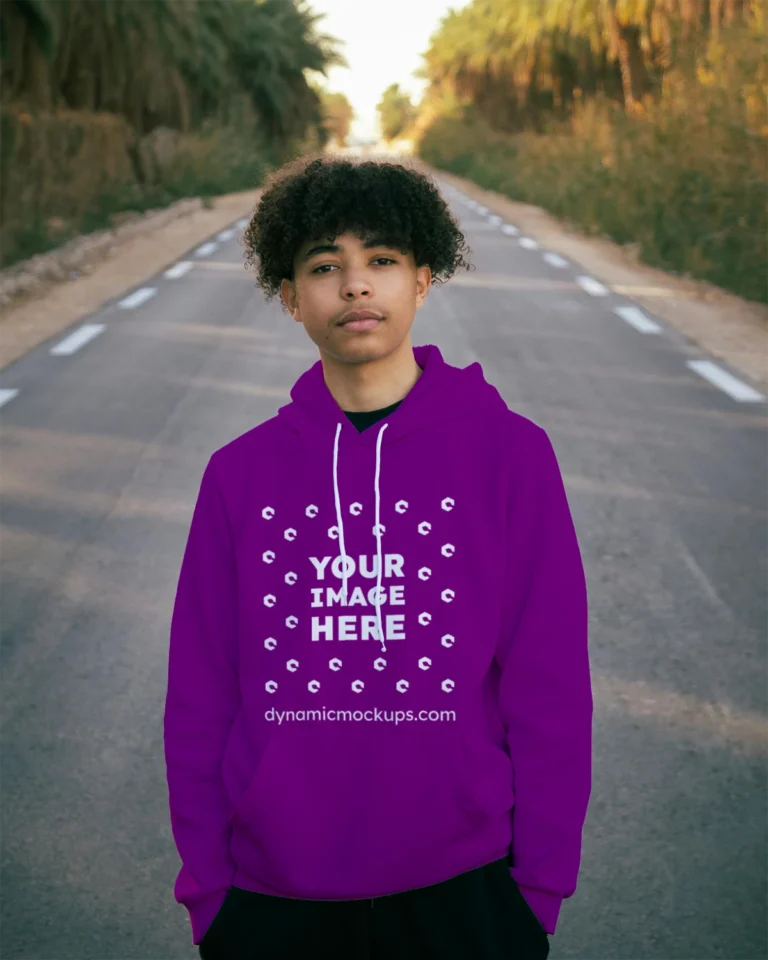 Man Wearing Purple Hoodie Mockup Front View Template