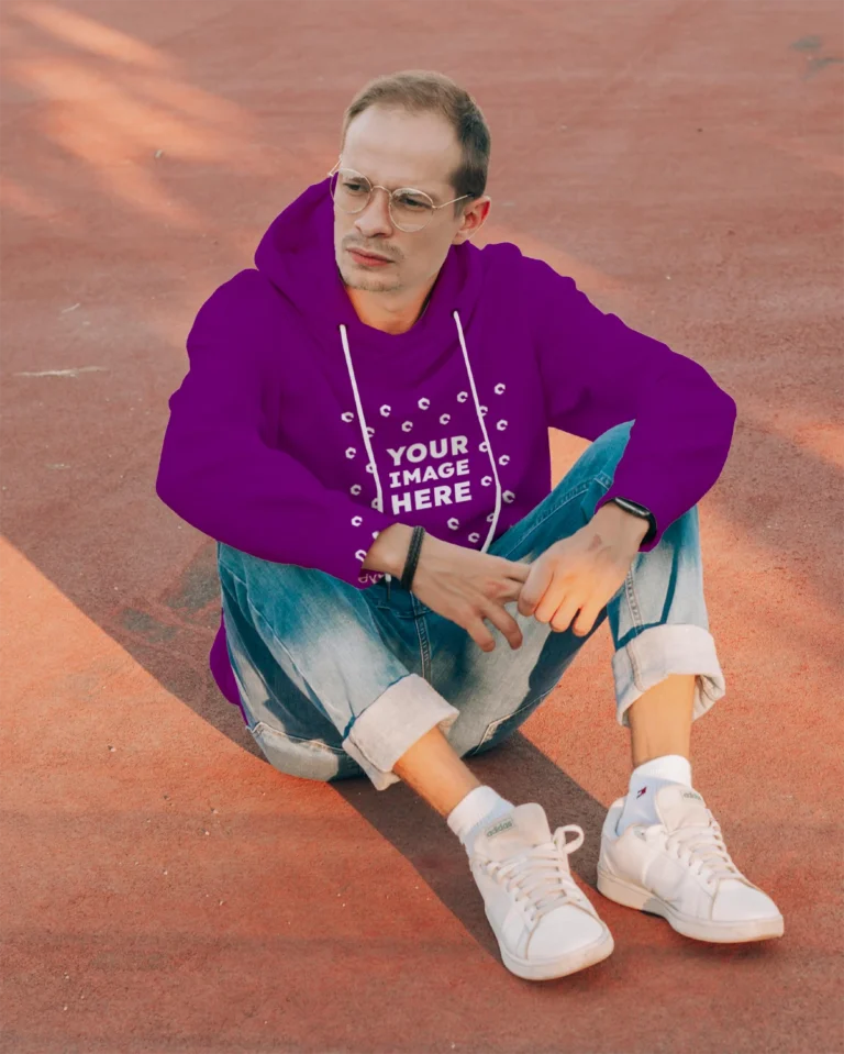 Man Wearing Purple Hoodie Mockup Front View Template