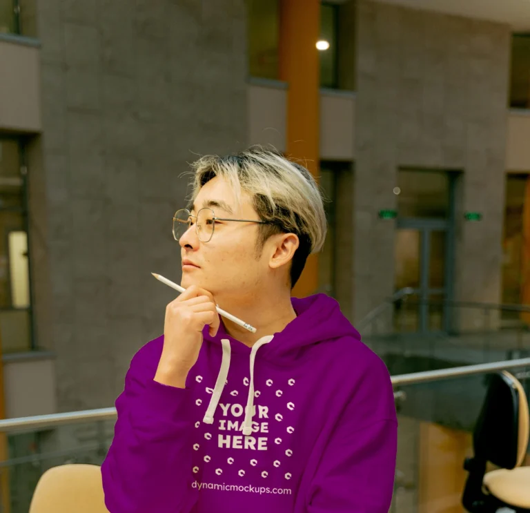 Man Wearing Purple Hoodie Mockup Front View Template
