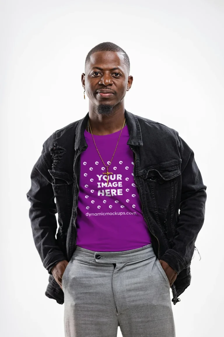 Man Wearing Purple T-shirt Mockup Front View Template