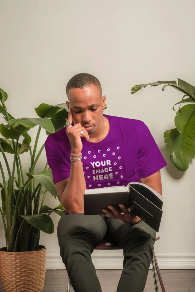 Man Wearing Purple T-shirt Mockup Front View Template