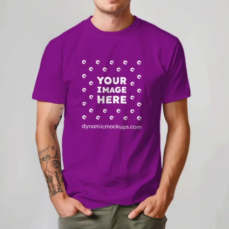 Man Wearing Purple T-shirt Mockup Front View Template