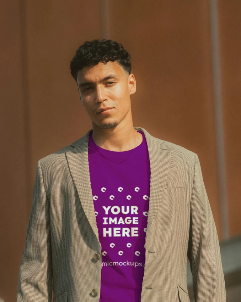 Man Wearing Purple T-shirt Mockup Front View Template