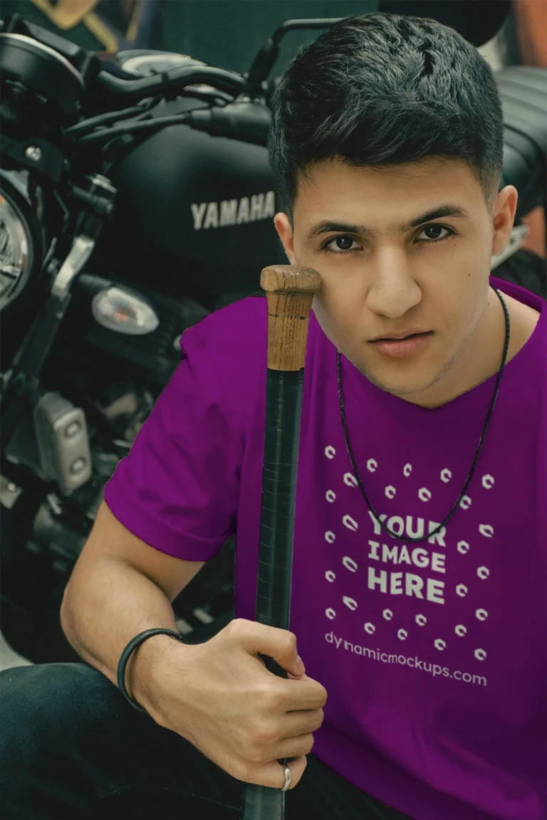 Man Wearing Purple T-shirt Mockup Front View Template