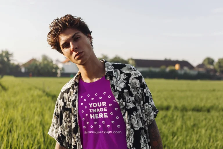 Man Wearing Purple T-shirt Mockup Front View Template