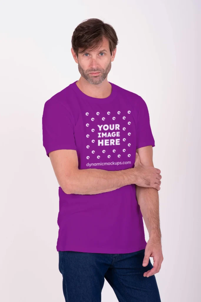 Man Wearing Purple T-shirt Mockup Front View Template