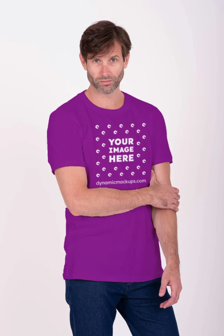 Man Wearing Purple T-shirt Mockup Front View Template