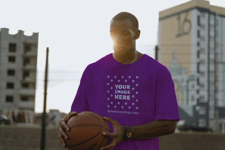 Man Wearing Purple T-shirt Mockup Front View Template