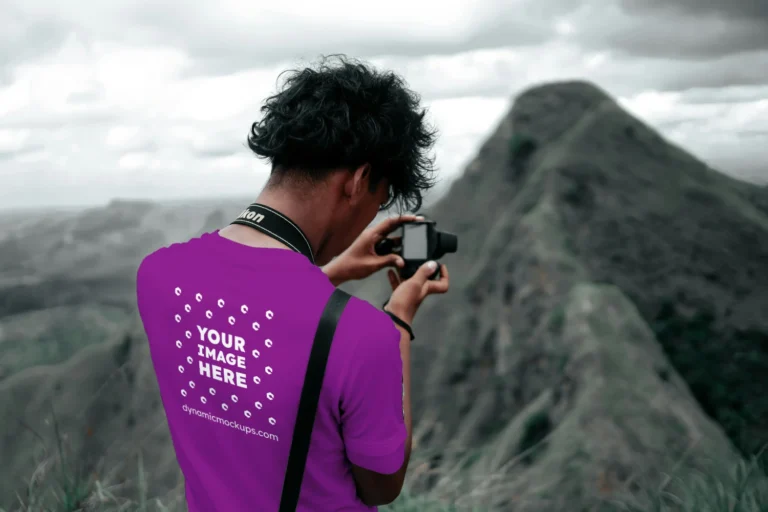 Man Wearing Purple T-shirt Mockup Back View Template