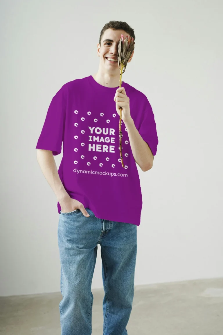 Man Wearing Purple T-shirt Mockup Front View Template
