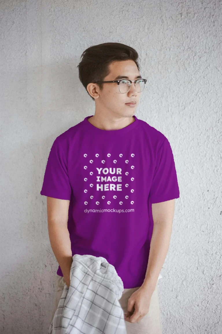 Man Wearing Purple T-shirt Mockup Front View Template