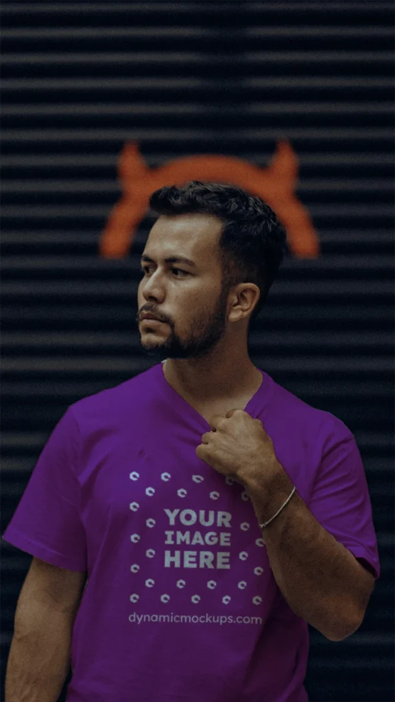 Man Wearing Purple T-shirt Mockup Front View Template