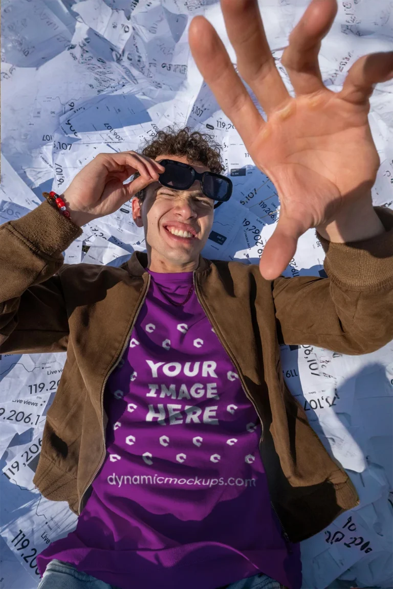 Man Wearing Purple T-shirt Mockup Front View Template