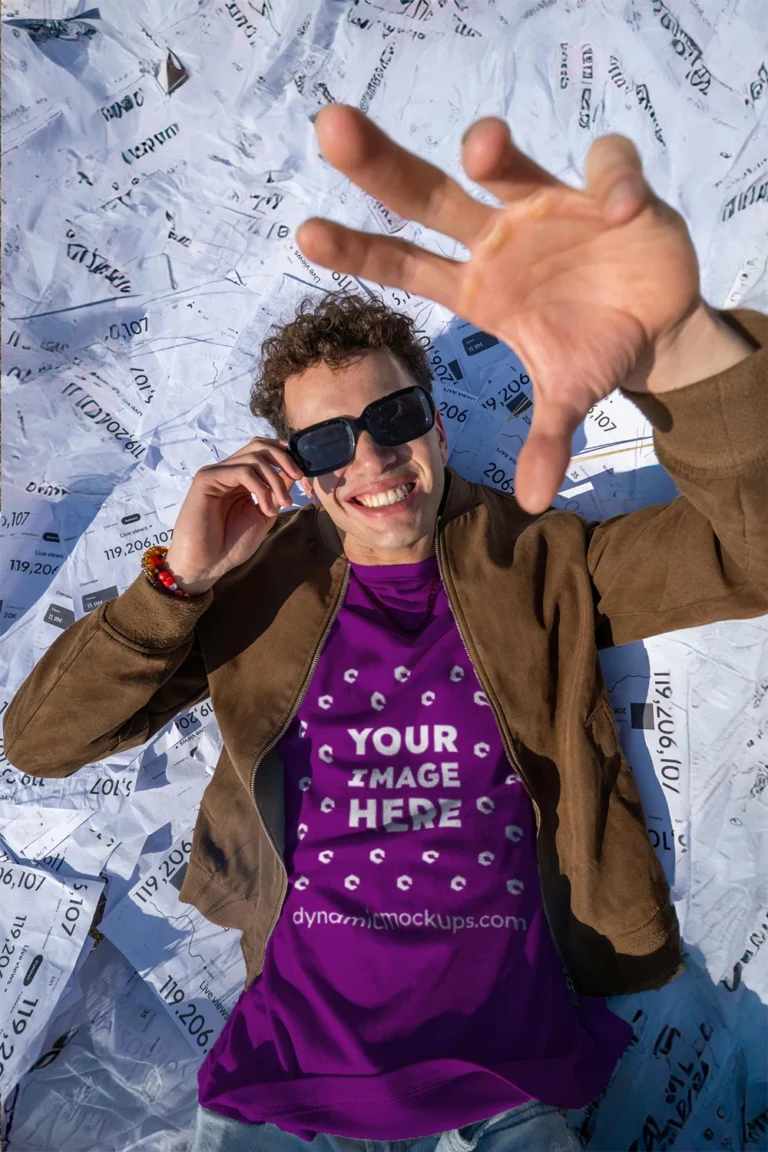 Man Wearing Purple T-shirt Mockup Front View Template