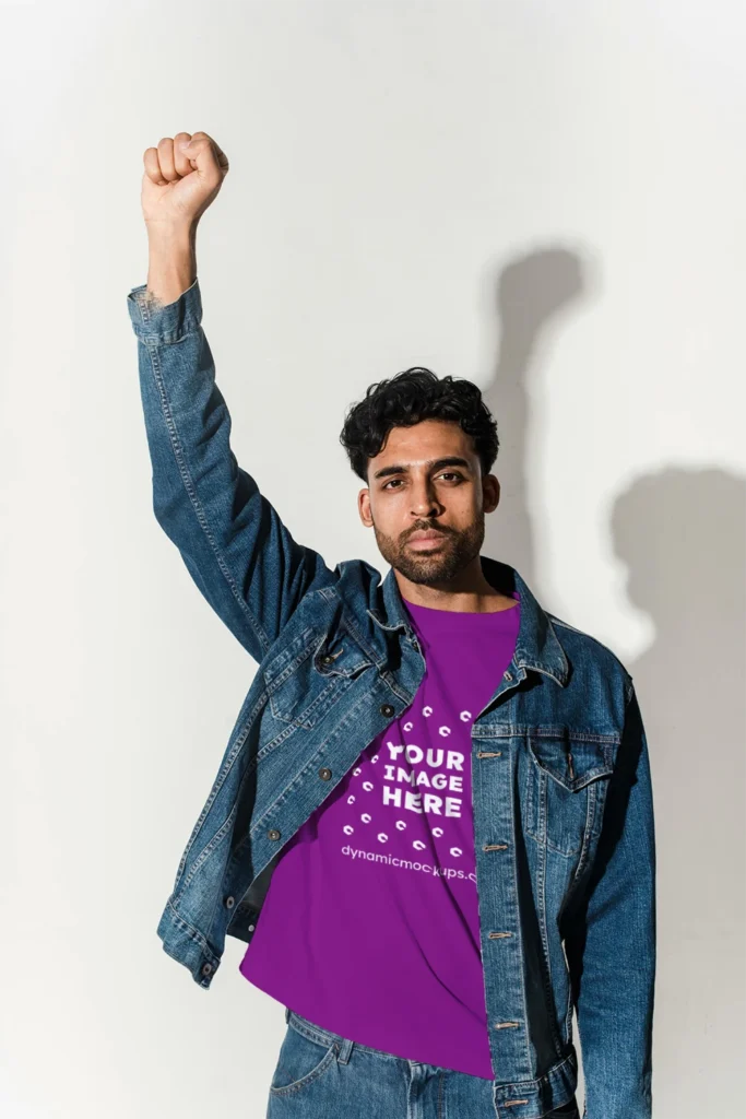 Man Wearing Purple T-shirt Mockup Front View Template