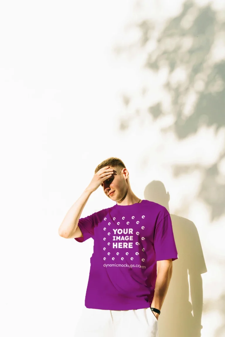 Man Wearing Purple T-shirt Mockup Front View Template