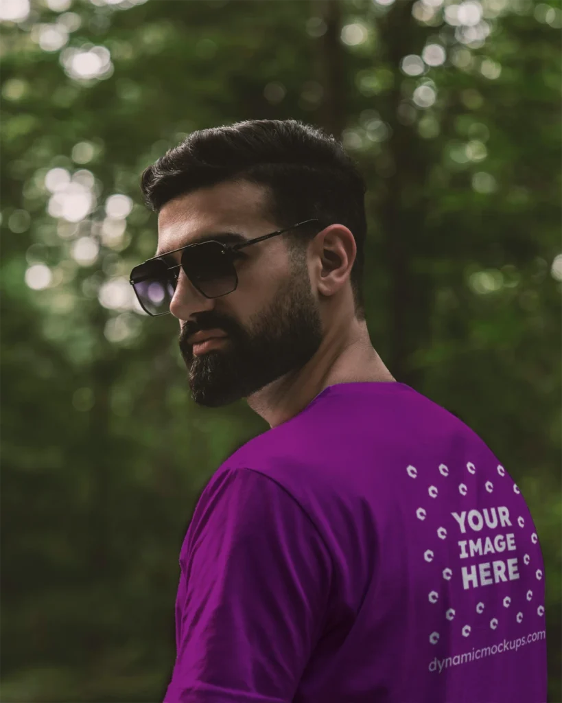 Man Wearing Purple T-shirt Mockup Back View Template
