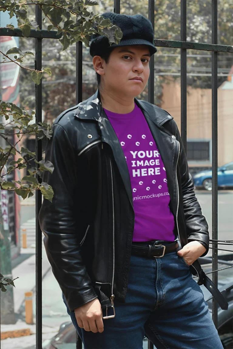 Man Wearing Purple T-shirt Mockup Front View Template