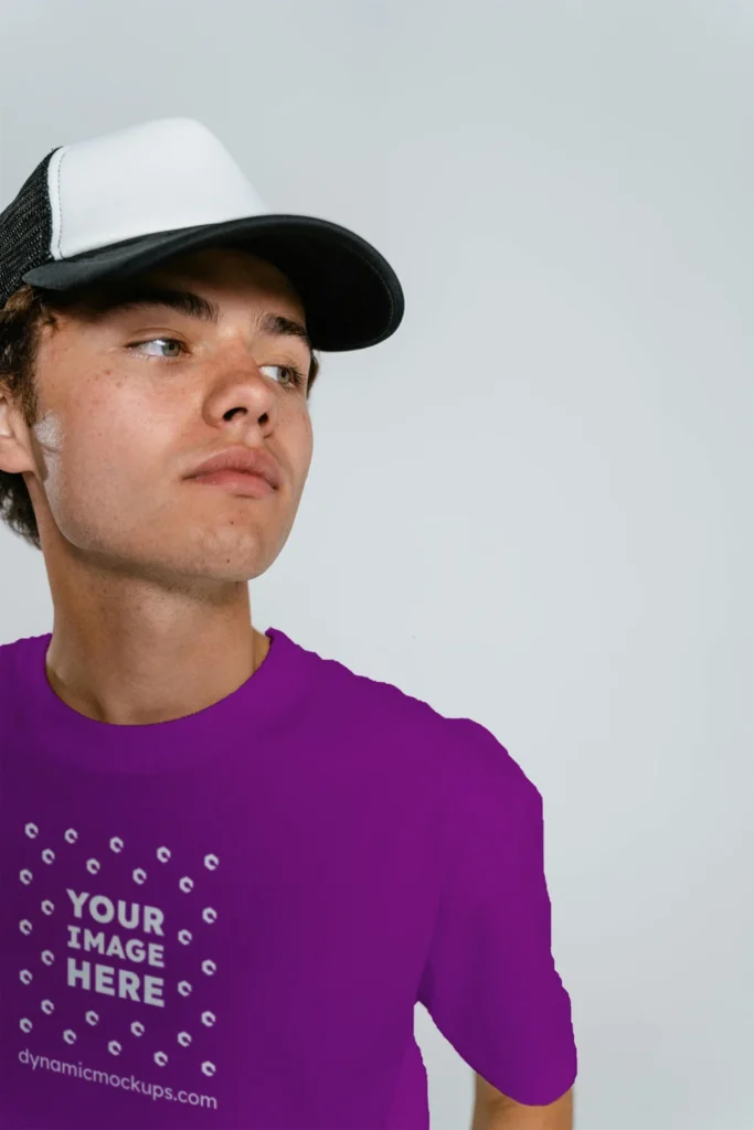 Man Wearing Purple T-shirt Mockup Front View Template