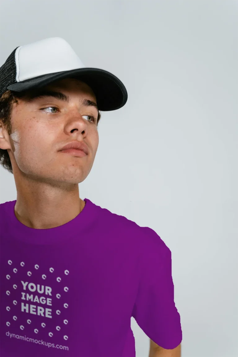 Man Wearing Purple T-shirt Mockup Front View Template