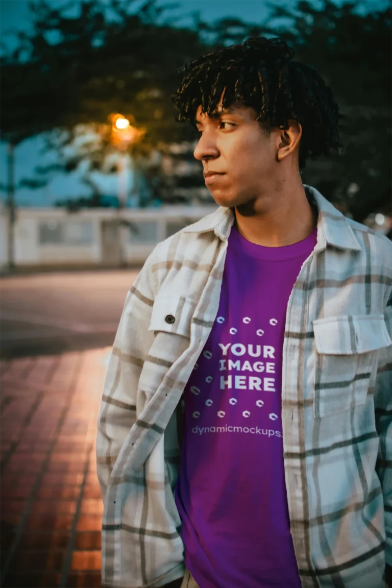 Man Wearing Purple T-shirt Mockup Front View Template