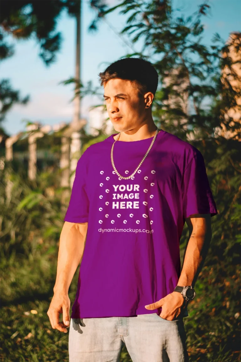 Man Wearing Purple T-shirt Mockup Front View Template