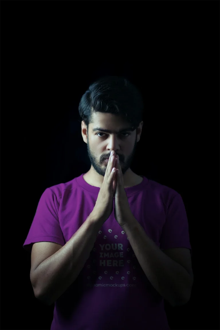 Man Wearing Purple T-shirt Mockup Front View Template