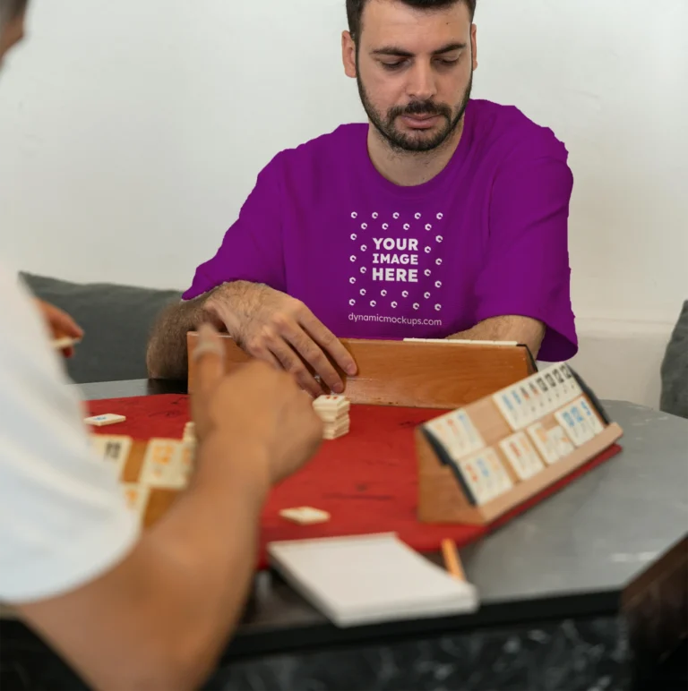 Man Wearing Purple T-shirt Mockup Front View Template