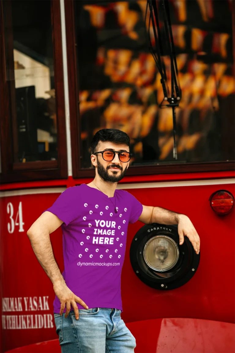 Man Wearing Purple T-shirt Mockup Front View Template