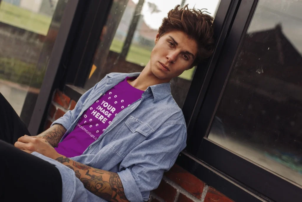 Man Wearing Purple T-shirt Mockup Front View Template