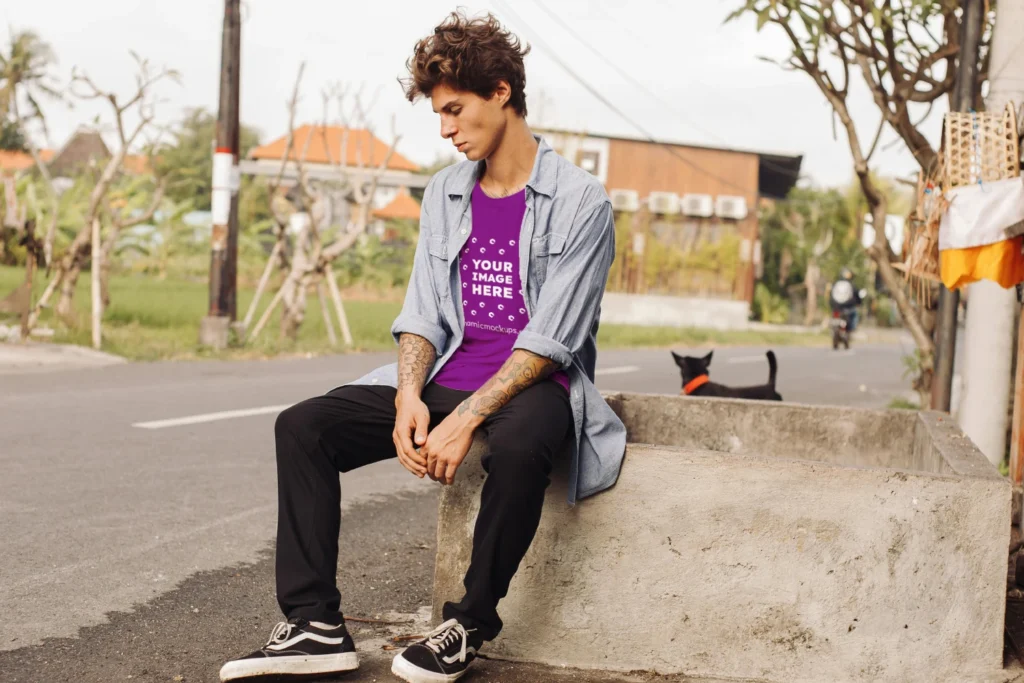 Man Wearing Purple T-shirt Mockup Front View Template