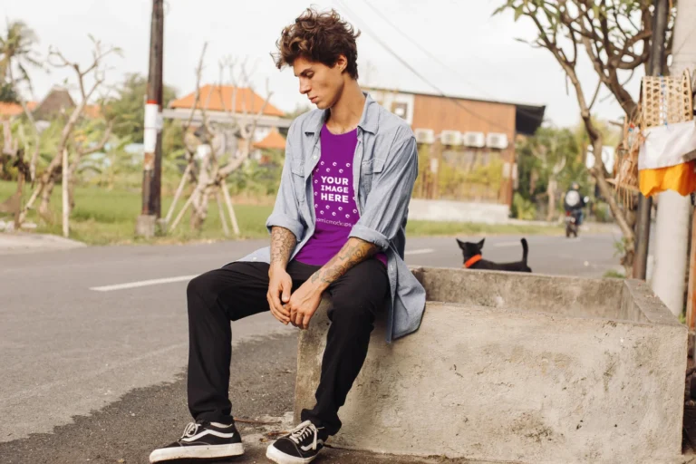 Man Wearing Purple T-shirt Mockup Front View Template
