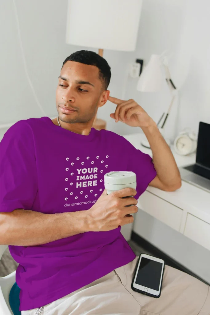 Man Wearing Purple T-shirt Mockup Front View Template