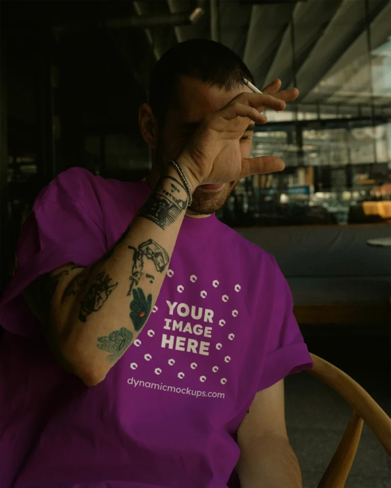 Man Wearing Purple T-shirt Mockup Front View Template