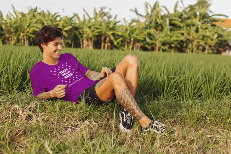 Man Wearing Purple T-shirt Mockup Front View Template