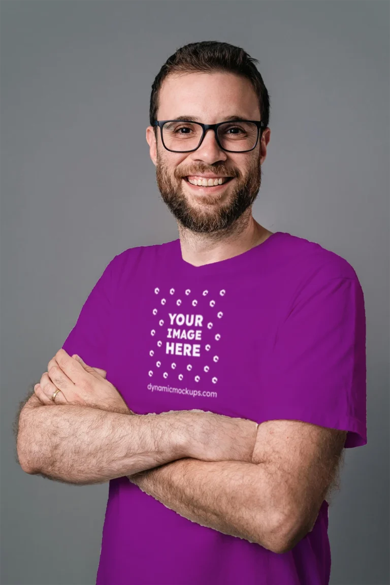 Man Wearing Purple T-shirt Mockup Front View Template