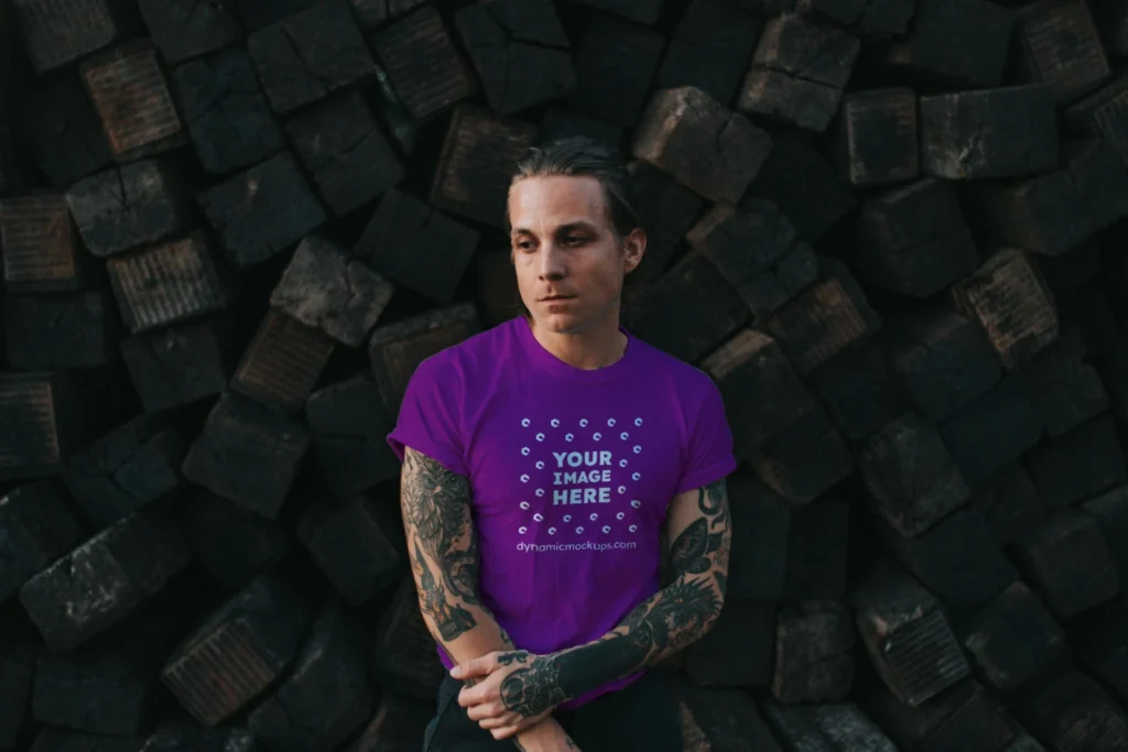 Man Wearing Purple T-shirt Mockup Front View Template