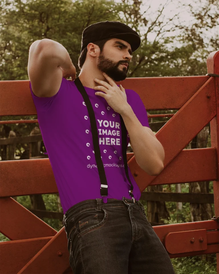 Man Wearing Purple T-shirt Mockup Front View Template
