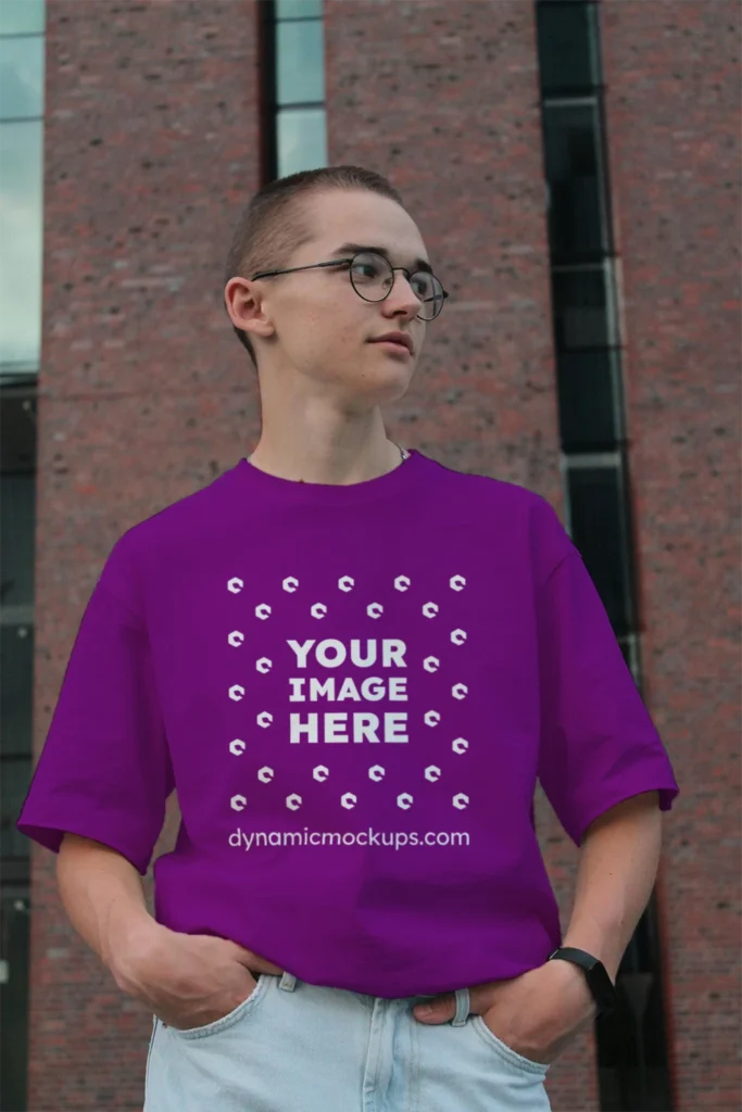 Man Wearing Purple T-shirt Mockup Front View Template