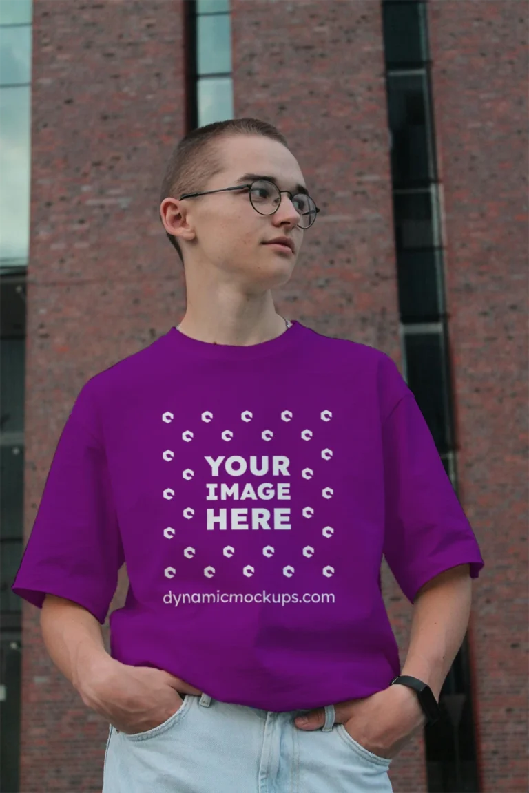 Man Wearing Purple T-shirt Mockup Front View Template